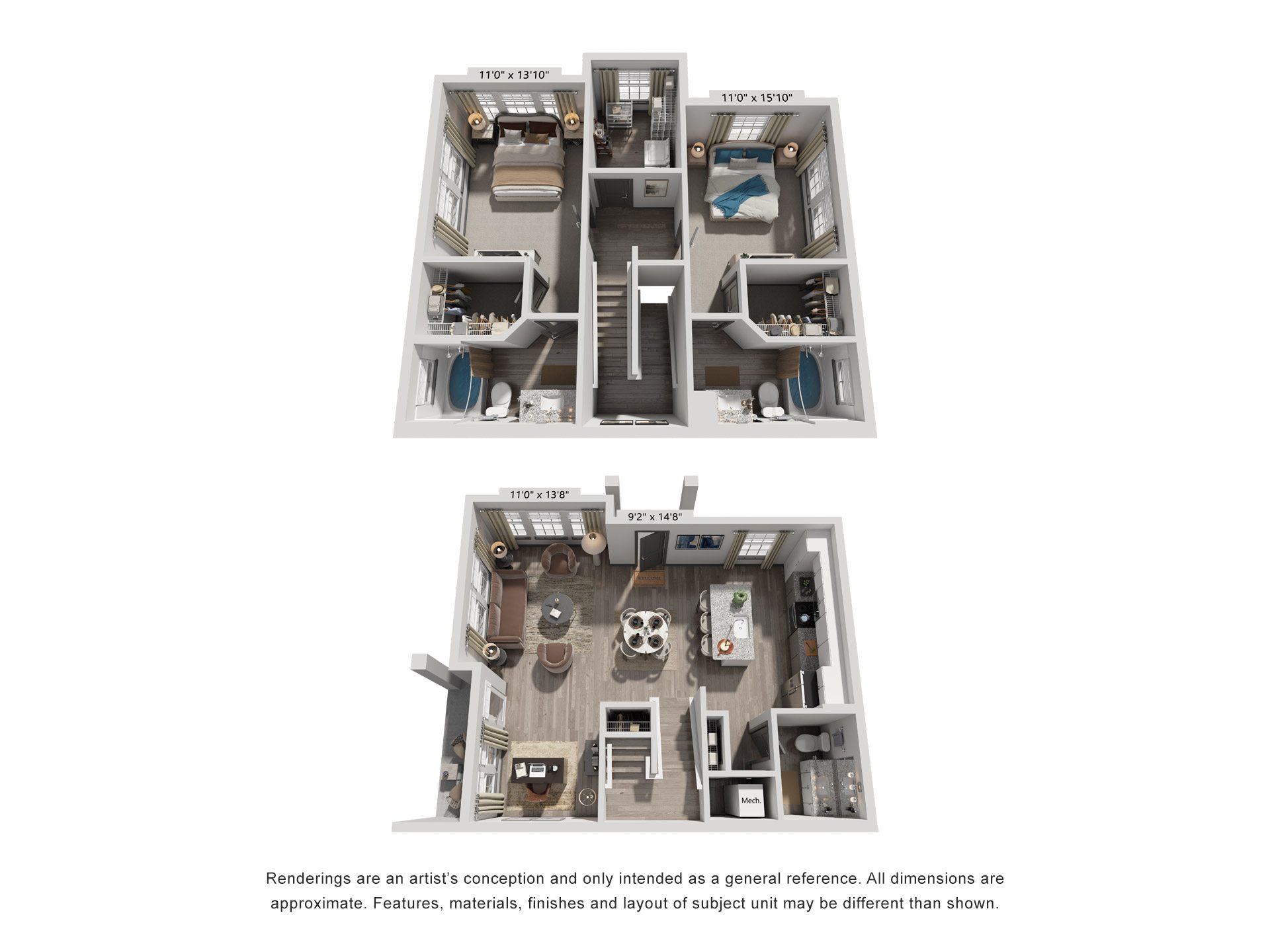 Floor plan for 2 beds, 2.5 baths, 1534 sqft